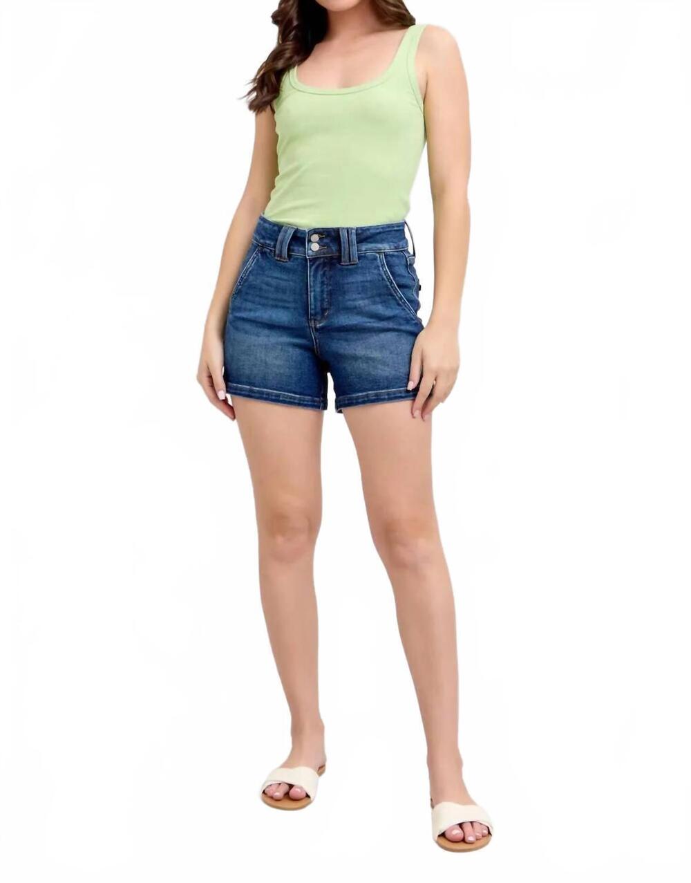 NEW JUDY BLUE double button waistband denim shorts in dark wash